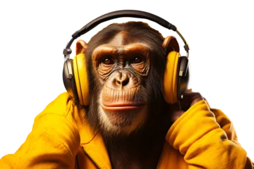 Poster monkey listening to music from earphones, transparent background © Murzani
