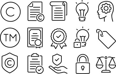 Pixel perfect icon set about patent, trademark, copyright, trade secret, intellectual property, and brand. Thin line icons, flat vector illustrations, isolated on white, transparent background