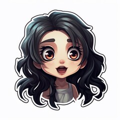 A cartoon girl with long black hair and big eyes. Digital art. Cute scary goth girl.