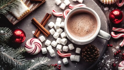 Hot chocolate with marshallows on a wooden surface with red caramel. New Year and Christmas decor...