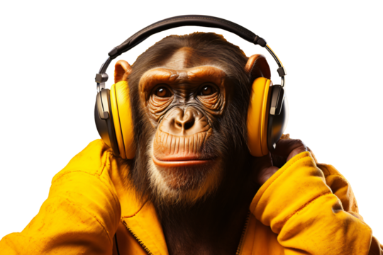monkey listening to music from earphones, transparent background