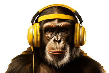 monkey listening to music from earphones, transparent background