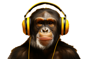 monkey listening to music from earphones, transparent background