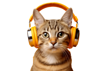 cat listening to music from earphones, transparent background
