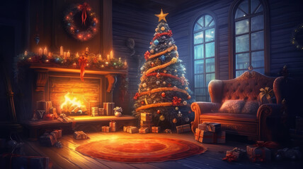 New Year's interior in the house with a Christmas tree and gifts on Christmas evening. - obrazy, fototapety, plakaty