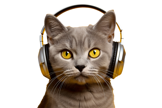 cat listening to music from earphones, transparent background