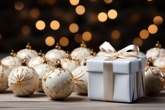 A white gift box sitting in front of a bunch of christmas ornaments. AI image.