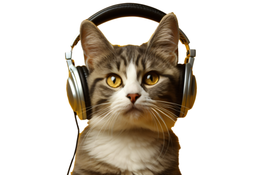 cat listening to music from earphones, transparent background