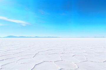 salt flat and montain against clear blue sky on sunlight