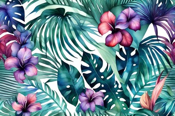 Tropical pattern. Watercolor exotic flowers and monstera leaves. Ultraviolet plants in seamless pattern. Summer hawaiian watercolor background