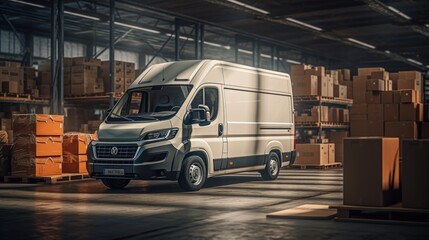 Logistics warehouse and commercial delivery van - obrazy, fototapety, plakaty