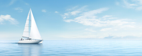 Small white sailboat on the blue sea in a clear day