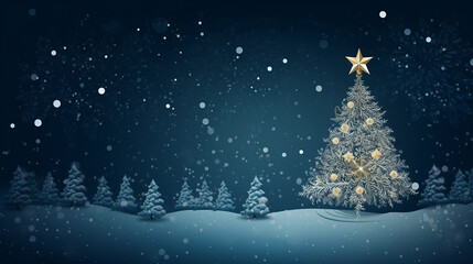 Christmas tree greeting card on snowy red background. Invitation for Christmas and New Year