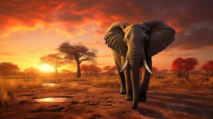Lonely elephant walking at sunset