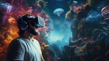 Man in vr headset exploring metaverse world