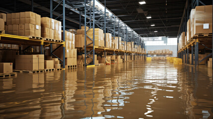  Flooded warehouse with cardboard boxes floating on water due to flooding. natural disaster insurance - obrazy, fototapety, plakaty
