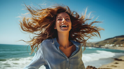 Une femme avec un visage souriant pendant son voyage au bord de mer. - obrazy, fototapety, plakaty