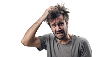 Man scratching his head in confusion against a white background
