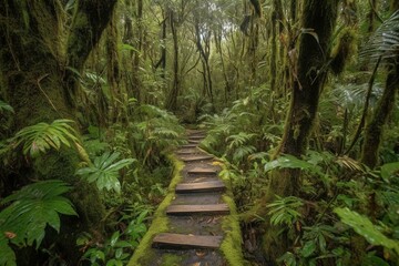 Tropical rainforest hiking trail in Amazon cloud forest, jungle path to Hola Vida waterfall, Puyo, Ecuador, South America. Generative AI