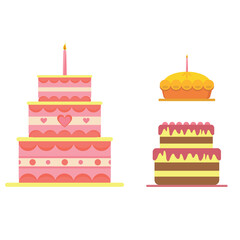 Set of cakes. Vector illustration. Strawberry cake icon in cartoon style isolated on white background