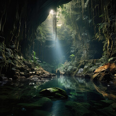 Wild nature blue pond in rainforest with underwater cave - obrazy, fototapety, plakaty