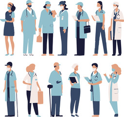 Vector illustrations of doctors, nurses, surgeons, and other healthcare providers in different medical settings
