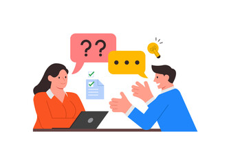 Job interview concept. Modern flat vector illustration of a woman talking to a man with a laptop. Vector illustration. Isolated in the background.