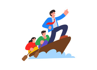 Boss leads employees, Businessman rowing team, Teamwork and Leadership concept, Flat graphic vector illustration isolated on white background