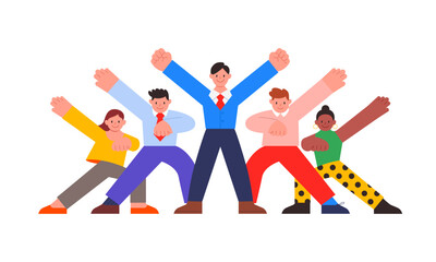 Group of office workers posing, Business people team up raised hands together to collaborate or celebrate, team work concept, Conceptual illustration