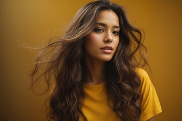 Naklejka premium portrait of a woman in a yellow background studio light 