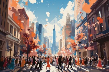A painting of a crowd of people walking down a street. AI image. - obrazy, fototapety, plakaty