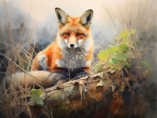 Cute fox illustration, children book style. Wild animal on nature trail in autumn season