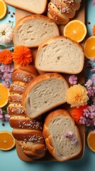 Top view on bread in a wooden plate, concept of traditional leavened bread baking methods. Healthy food. Decorated flowers around.