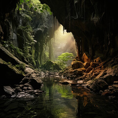 Fototapeta premium Large sinkhole of an underground cave in limestone rock covered with greenery
