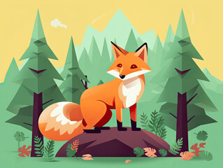 Cute fox illustration. Wild animal on nature trail in autumn season