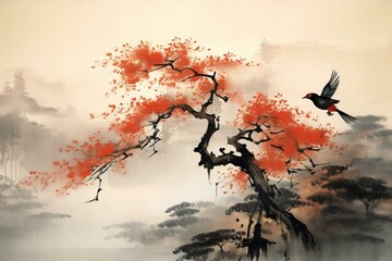 A depiction of a bird and tree in traditional Chinese ink painting style. Generative AI - obrazy, fototapety, plakaty