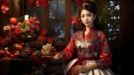 Korean Woman Wearing Ancient Dress, AI Generated
