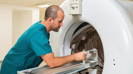 A hospital researcher performs routine maintenance on an MRI scanner. Generative AI - obrazy, fototapety, plakaty