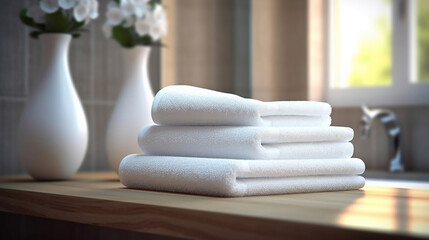 Fototapeta na wymiar Stack of clean white towels in bathroom.