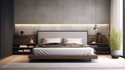 Modern contemporary bedroom with empty gray wall