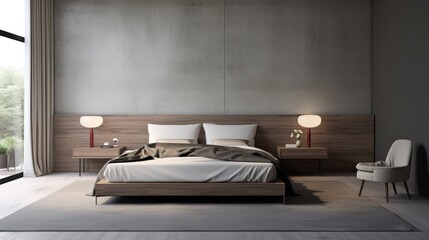 Modern contemporary bedroom with empty gray wall