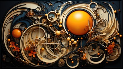 A picture of an orange ball surrounded by swirly designs. AI image.