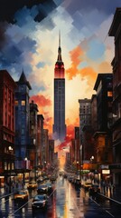 A painting of a city street at sunset. AI image.