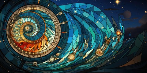 A stained glass clock with a spiral design. AI image.