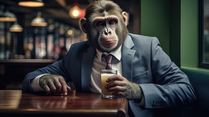 Monkey wearing a suit in restaurant