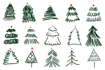 Hand drawn Christmas tree doodle set, illustration of various trees set, pencil textured trees vector illustration