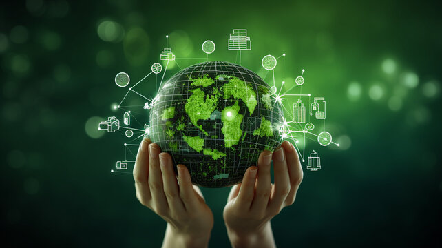 hand holding with environment icons or globe over the Network connection on green background
