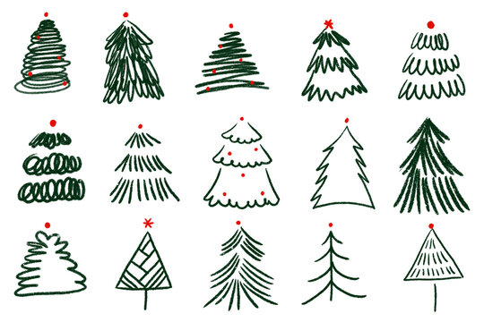 Hand Drawn Christmas Tree Doodle Set, Illustration Of Various Trees Set, Pencil Textured Trees Vector Illustration