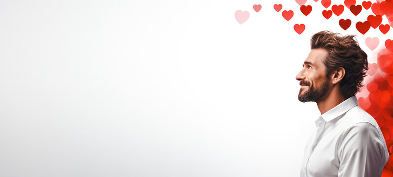 Handsome man in white suit with red heart on white background. concept of Valentine's Day, For wedding photos, wedding cards valentine's day card or web design and web background. Generative ai