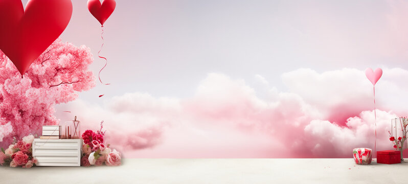 Heart balloons on Valentine's Day, box of love, pink beautiful nature